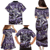 Japanese Hawaiian Crane Family Matching Puletasi and Hawaiian Shirt Purple Tapa Patchwork Pattern