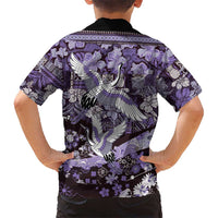 Japanese Hawaiian Crane Family Matching Short Sleeve Bodycon Dress and Hawaiian Shirt Purple Tapa Patchwork Pattern LT9 - Polynesian Pride