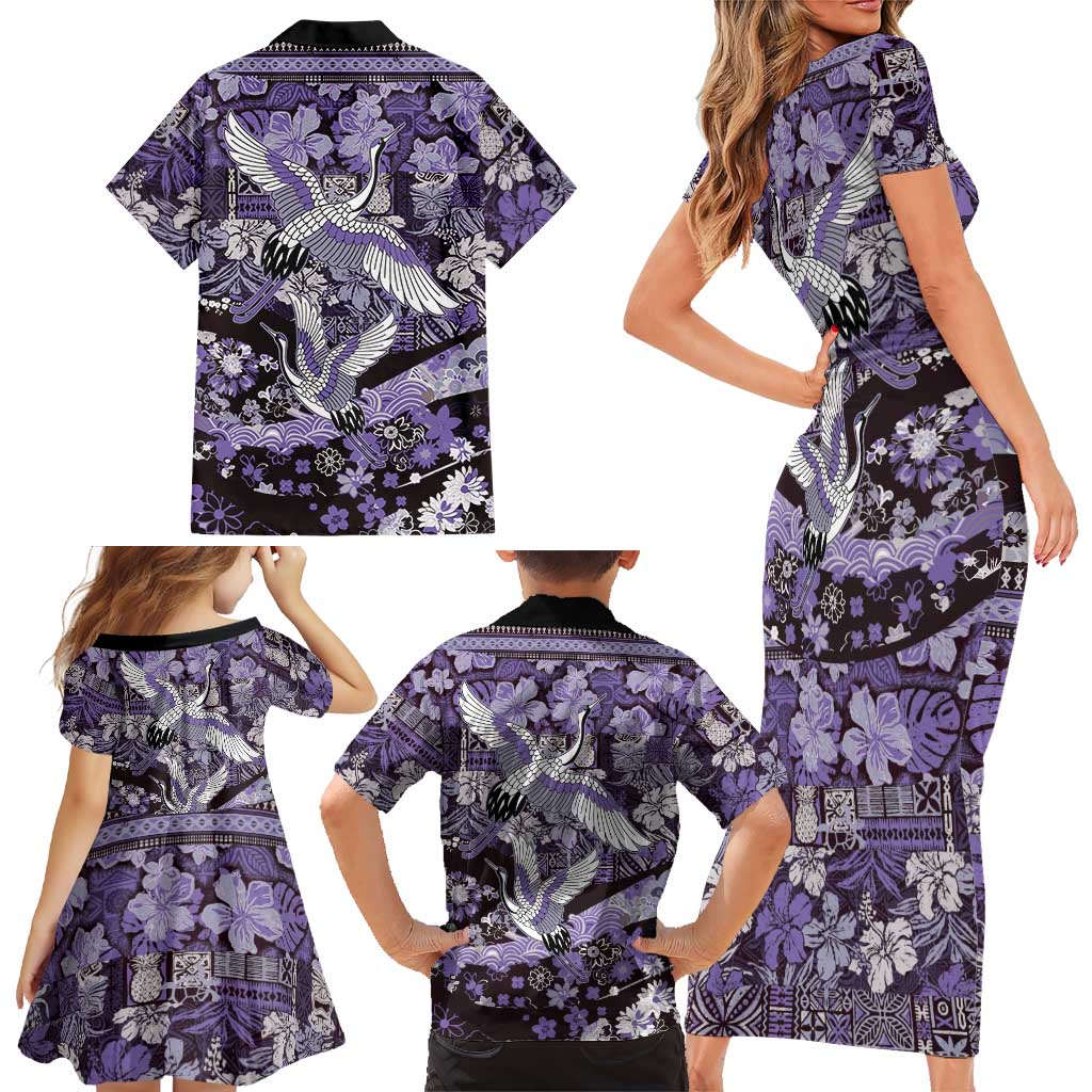 Japanese Hawaiian Crane Family Matching Short Sleeve Bodycon Dress and Hawaiian Shirt Purple Tapa Patchwork Pattern LT9 - Polynesian Pride