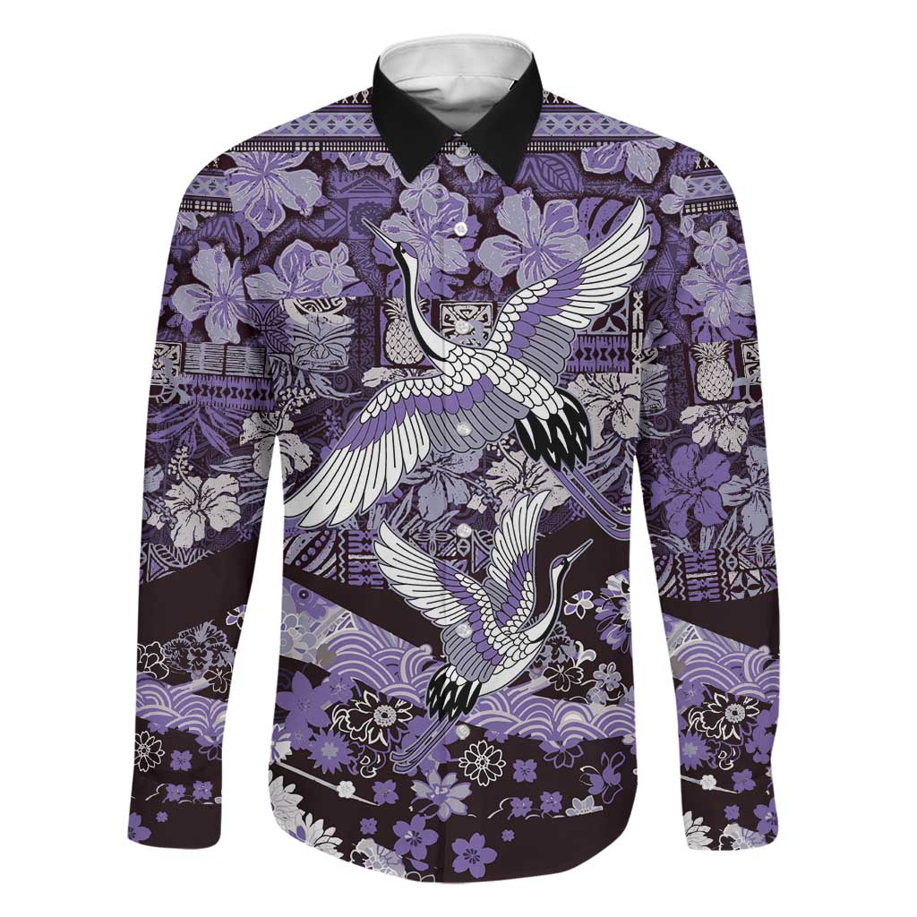 Japanese Hawaiian Crane Family Matching Short Sleeve Bodycon Dress and Hawaiian Shirt Purple Tapa Patchwork Pattern LT9 Dad's Shirt - Long Sleeve Purple - Polynesian Pride