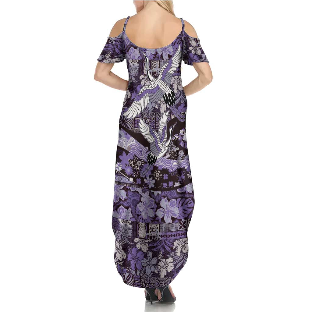 Japanese Hawaiian Crane Family Matching Summer Maxi Dress and Hawaiian Shirt Purple Tapa Patchwork Pattern LT9 - Polynesian Pride