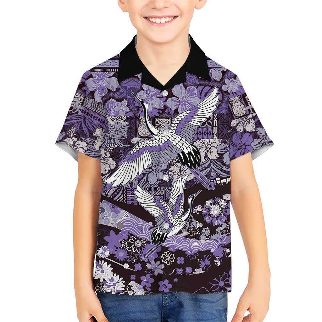 Japanese Hawaiian Crane Family Matching Summer Maxi Dress and Hawaiian Shirt Purple Tapa Patchwork Pattern LT9 Son's Shirt Purple - Polynesian Pride