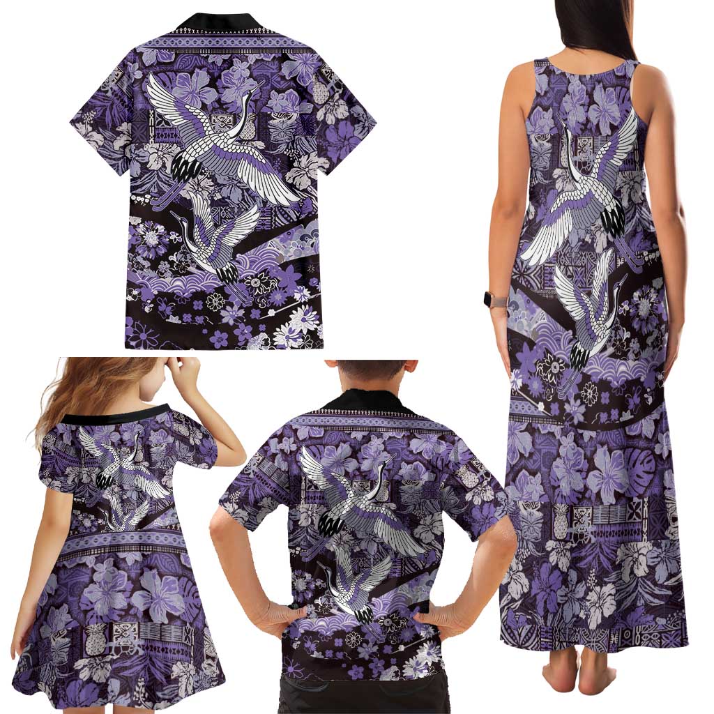 Japanese Hawaiian Crane Family Matching Tank Maxi Dress and Hawaiian Shirt Purple Tapa Patchwork Pattern LT9 - Polynesian Pride