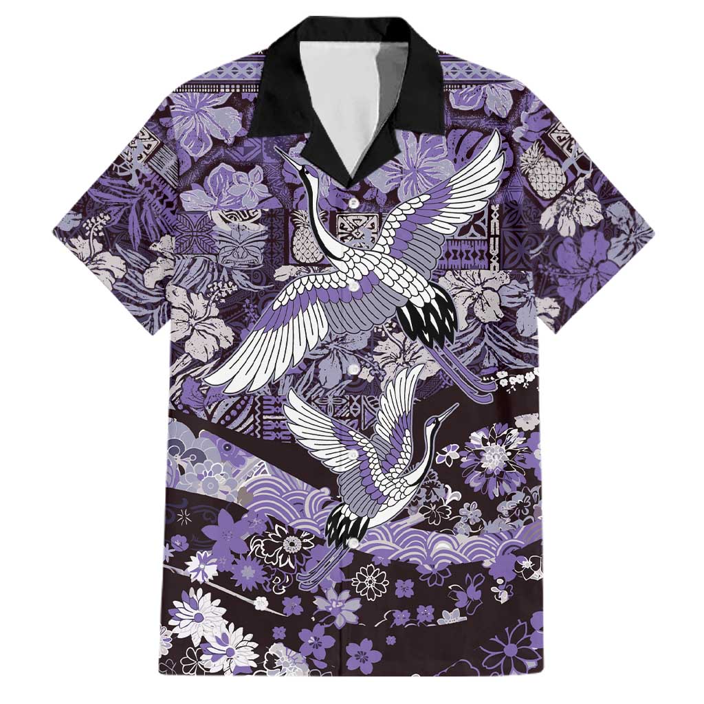 Japanese Hawaiian Crane Family Matching Tank Maxi Dress and Hawaiian Shirt Purple Tapa Patchwork Pattern LT9 Dad's Shirt - Short Sleeve Purple - Polynesian Pride