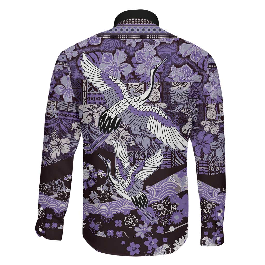 Japanese Hawaiian Crane Family Matching Tank Maxi Dress and Hawaiian Shirt Purple Tapa Patchwork Pattern LT9 - Polynesian Pride