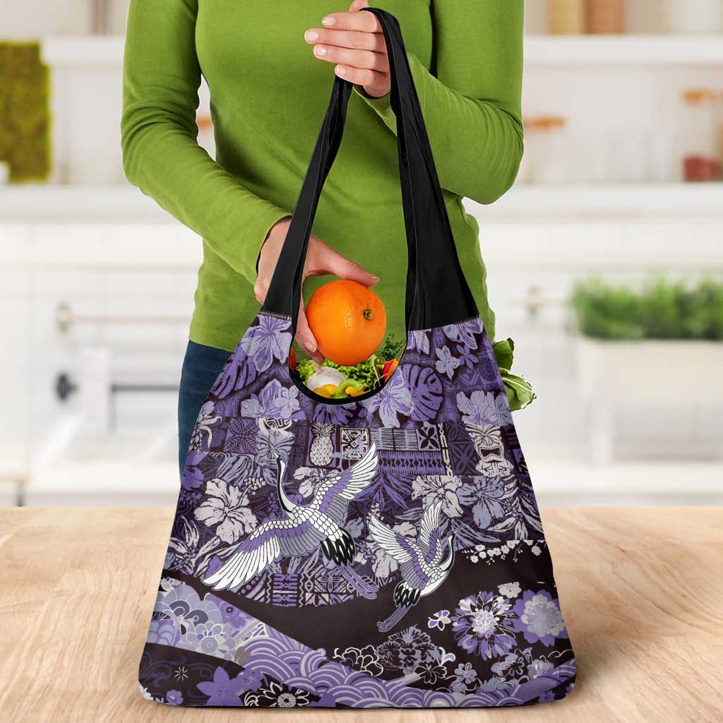 Japanese Hawaiian Crane Grocery Bag Purple Tapa Patchwork Pattern