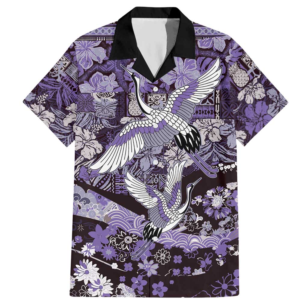 Japanese Hawaiian Crane Hawaiian Shirt Purple Tapa Patchwork Pattern