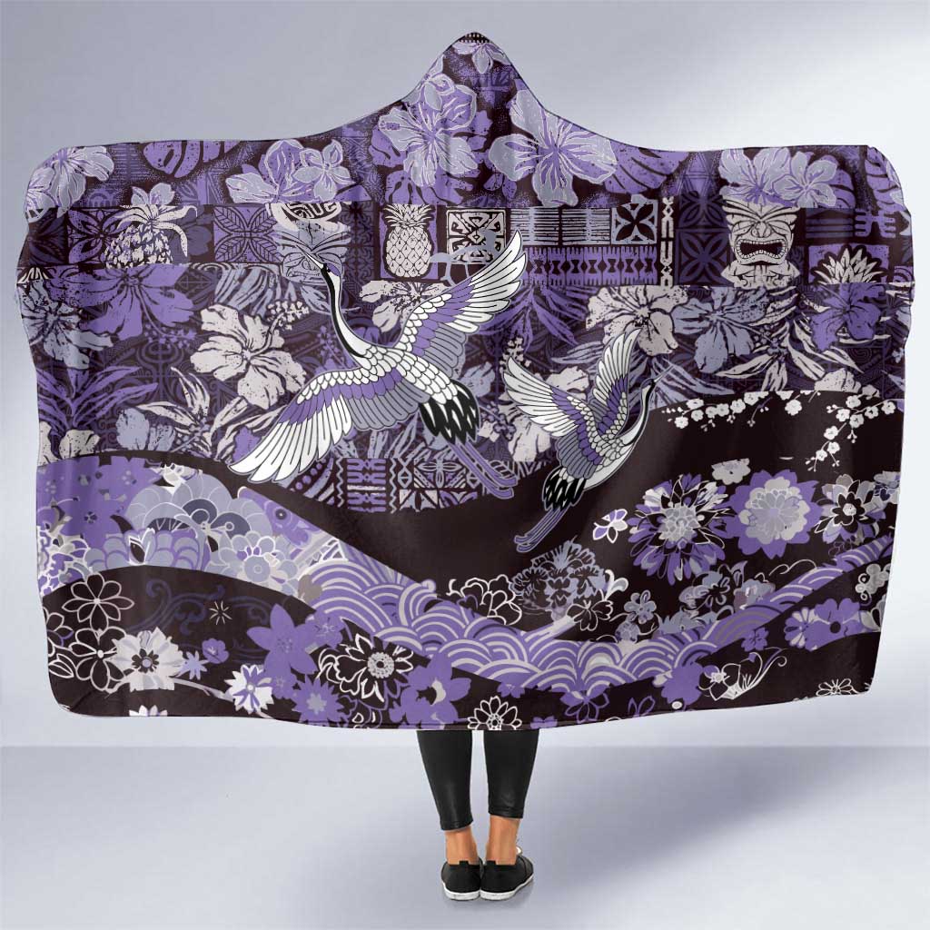 Japanese Hawaiian Crane Hooded Blanket Purple Tapa Patchwork Pattern