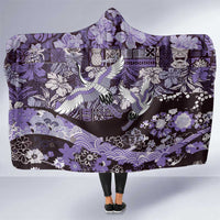 Japanese Hawaiian Crane Hooded Blanket Purple Tapa Patchwork Pattern