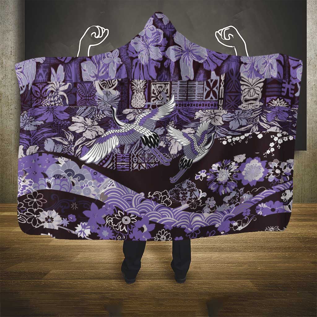 Japanese Hawaiian Crane Hooded Blanket Purple Tapa Patchwork Pattern