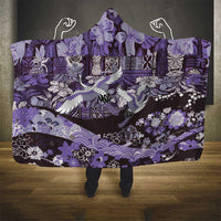 Japanese Hawaiian Crane Hooded Blanket Purple Tapa Patchwork Pattern