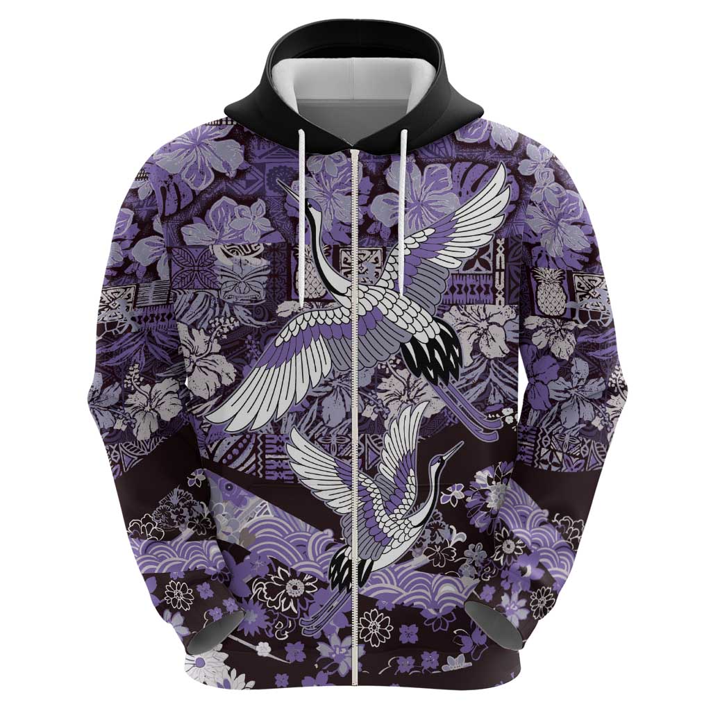 Japanese Hawaiian Crane Hoodie Purple Tapa Patchwork Pattern