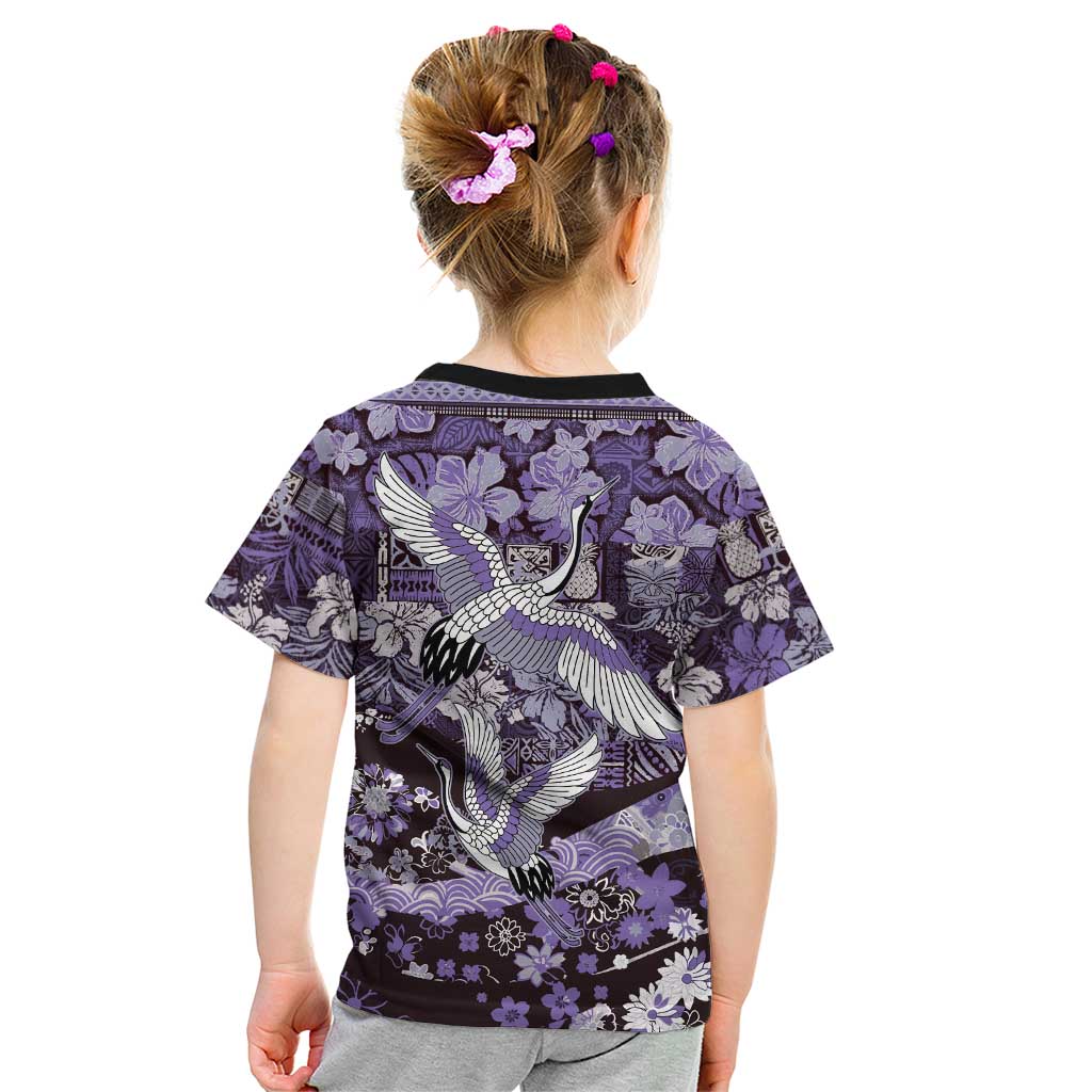 Japanese Hawaiian Crane Kid T Shirt Purple Tapa Patchwork Pattern