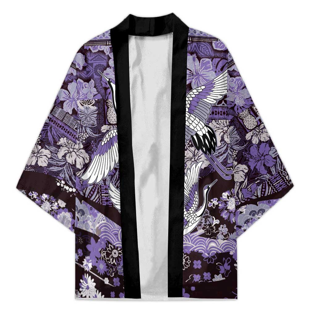 Japanese Hawaiian Crane Kimono Purple Tapa Patchwork Pattern LT9 Unisex Purple - Polynesian Pride