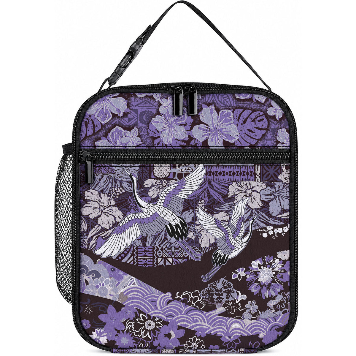 Japanese Hawaiian Crane Lunch Bag Purple Tapa Patchwork Pattern LT9 10.2 × 8.3 × 4.3 inch Blue - Polynesian Pride