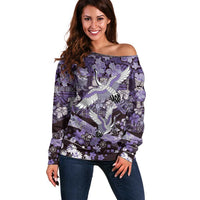 Japanese Hawaiian Crane Off Shoulder Sweater Purple Tapa Patchwork Pattern LT9 Women Purple - Polynesian Pride