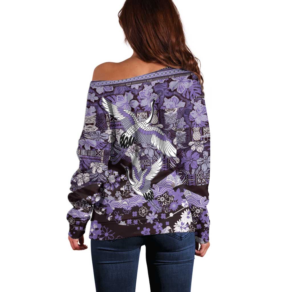Japanese Hawaiian Crane Off Shoulder Sweater Purple Tapa Patchwork Pattern LT9 - Polynesian Pride