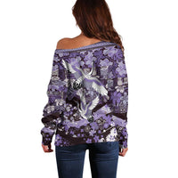 Japanese Hawaiian Crane Off Shoulder Sweater Purple Tapa Patchwork Pattern LT9 - Polynesian Pride