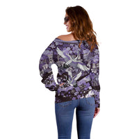 Japanese Hawaiian Crane Off Shoulder Sweater Purple Tapa Patchwork Pattern LT9 - Polynesian Pride