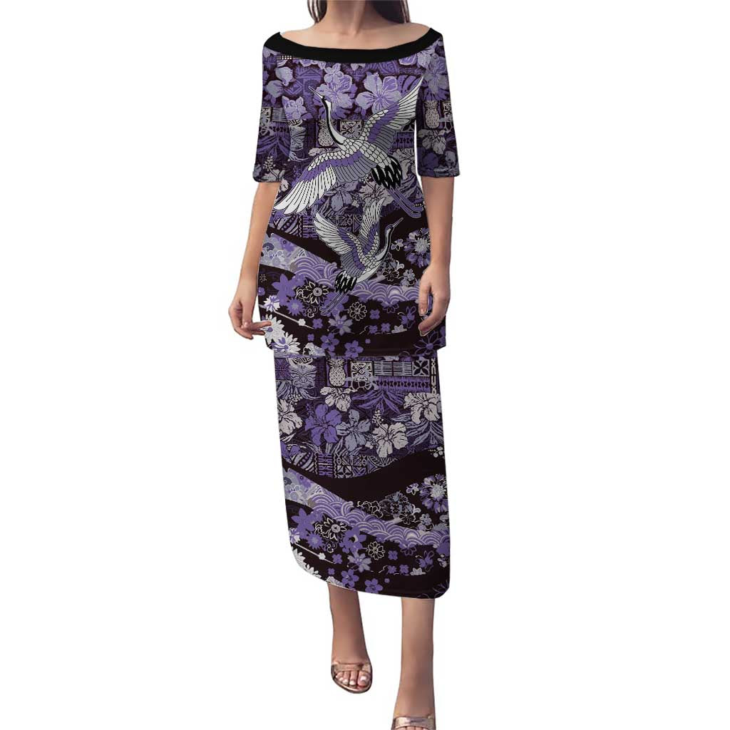 Japanese Hawaiian Crane Puletasi Purple Tapa Patchwork Pattern LT9 Long Dress Purple - Polynesian Pride
