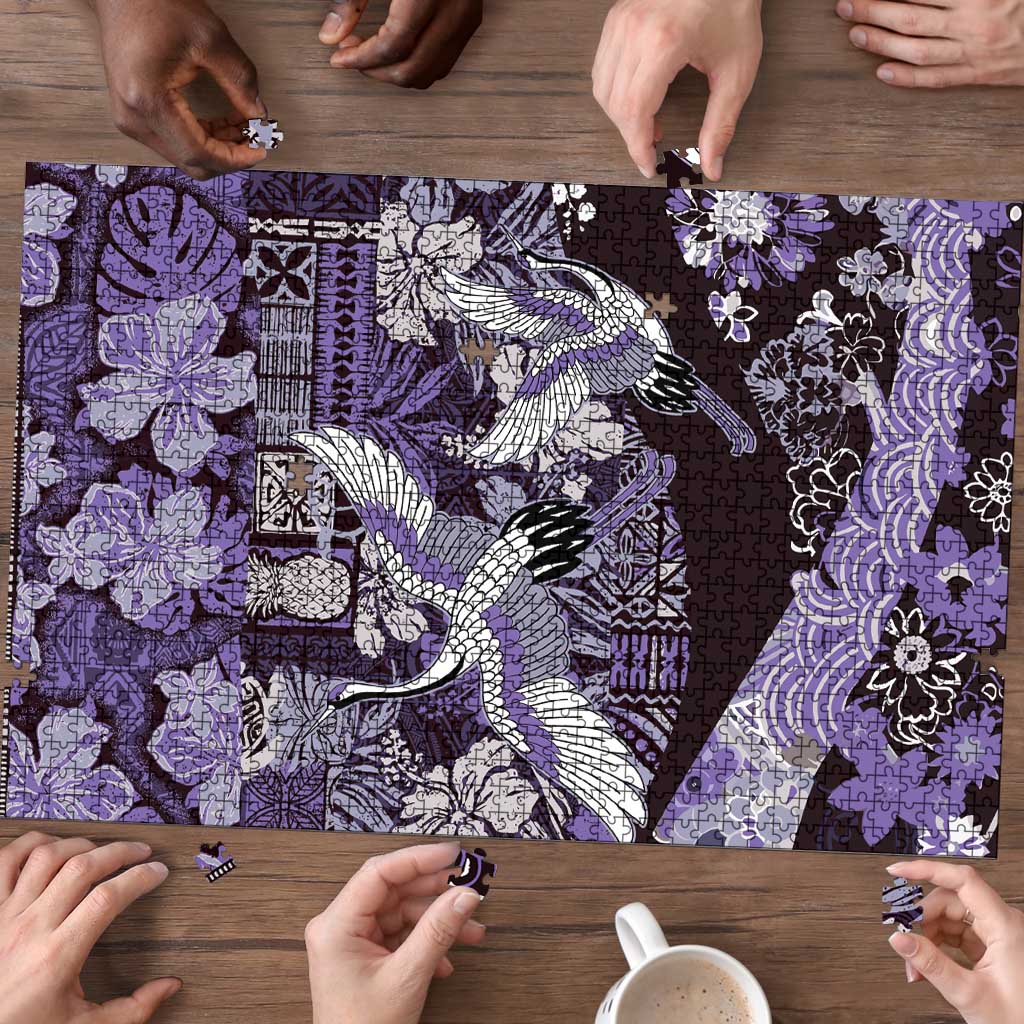 Japanese Hawaiian Crane Puzzle Purple Tapa Patchwork Pattern