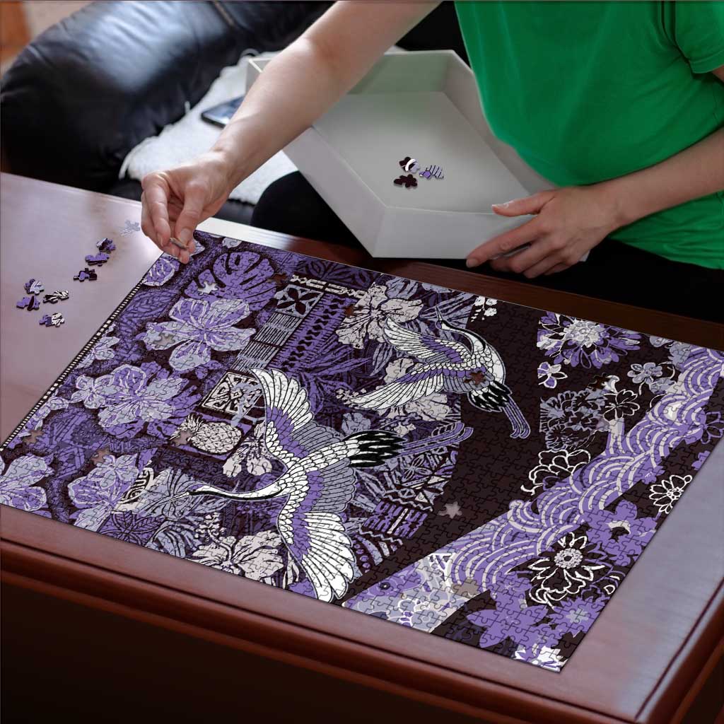 Japanese Hawaiian Crane Puzzle Purple Tapa Patchwork Pattern