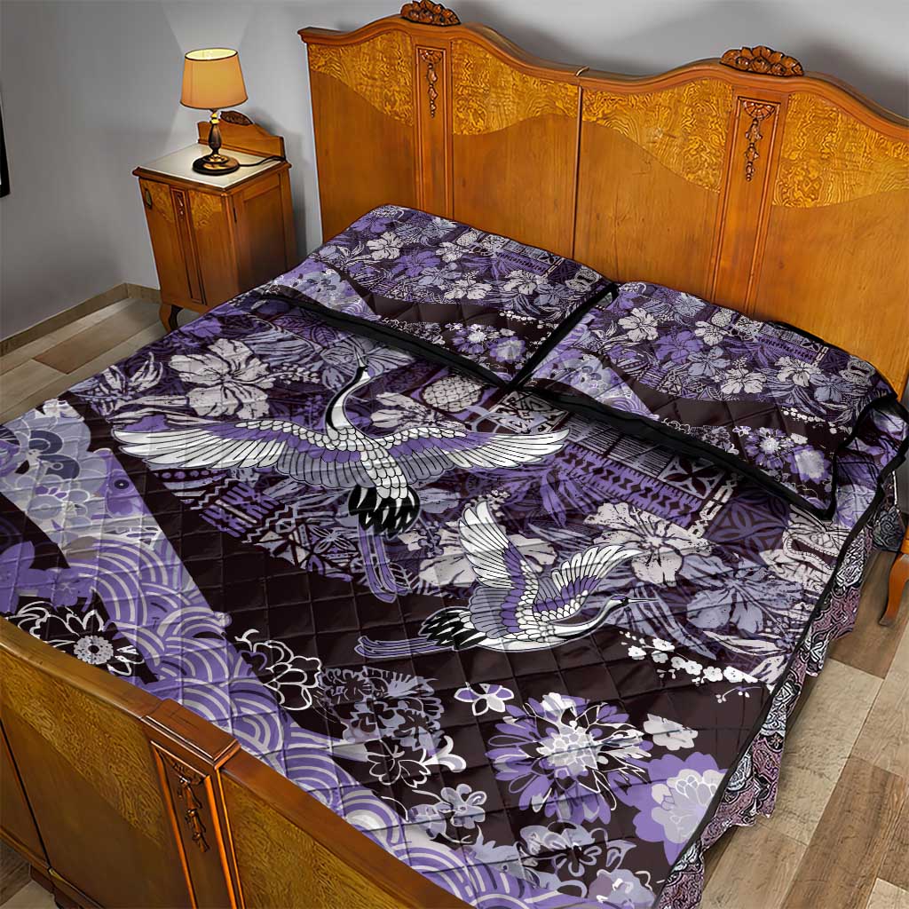 Japanese Hawaiian Crane Quilt Bed Set Purple Tapa Patchwork Pattern LT9 - Polynesian Pride