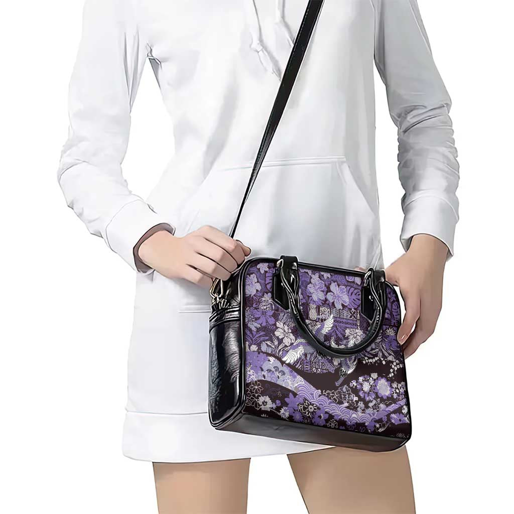 Japanese Hawaiian Crane Shoulder Handbag Purple Tapa Patchwork Pattern LT9 - Polynesian Pride
