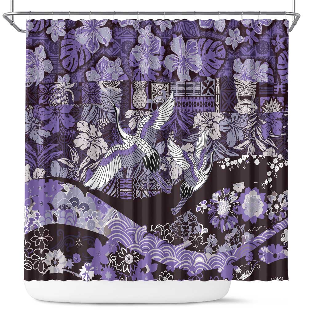 Japanese Hawaiian Crane Shower Curtain Purple Tapa Patchwork Pattern