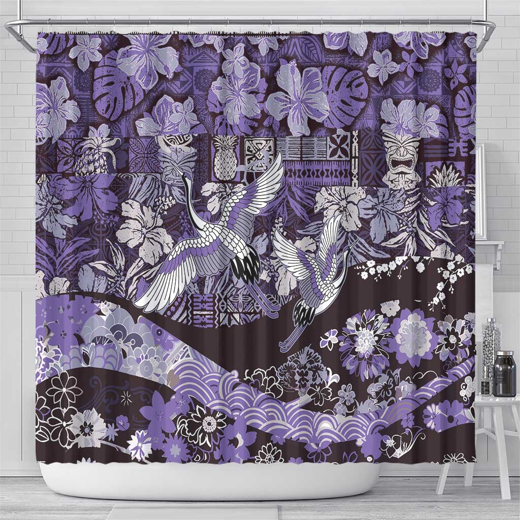 Japanese Hawaiian Crane Shower Curtain Purple Tapa Patchwork Pattern