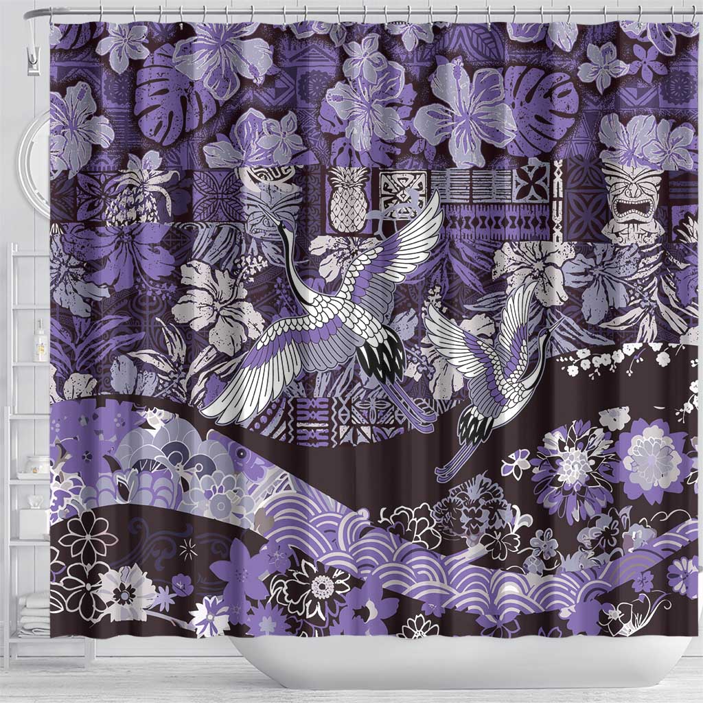 Japanese Hawaiian Crane Shower Curtain Purple Tapa Patchwork Pattern