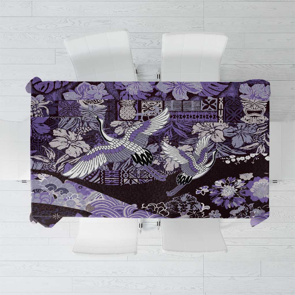 Japanese Hawaiian Crane Tablecloth Purple Tapa Patchwork Pattern