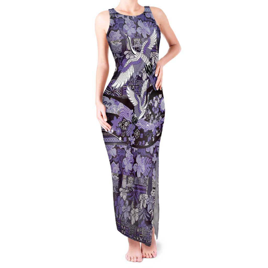 Japanese Hawaiian Crane Tank Maxi Dress Purple Tapa Patchwork Pattern LT9 Women Purple - Polynesian Pride
