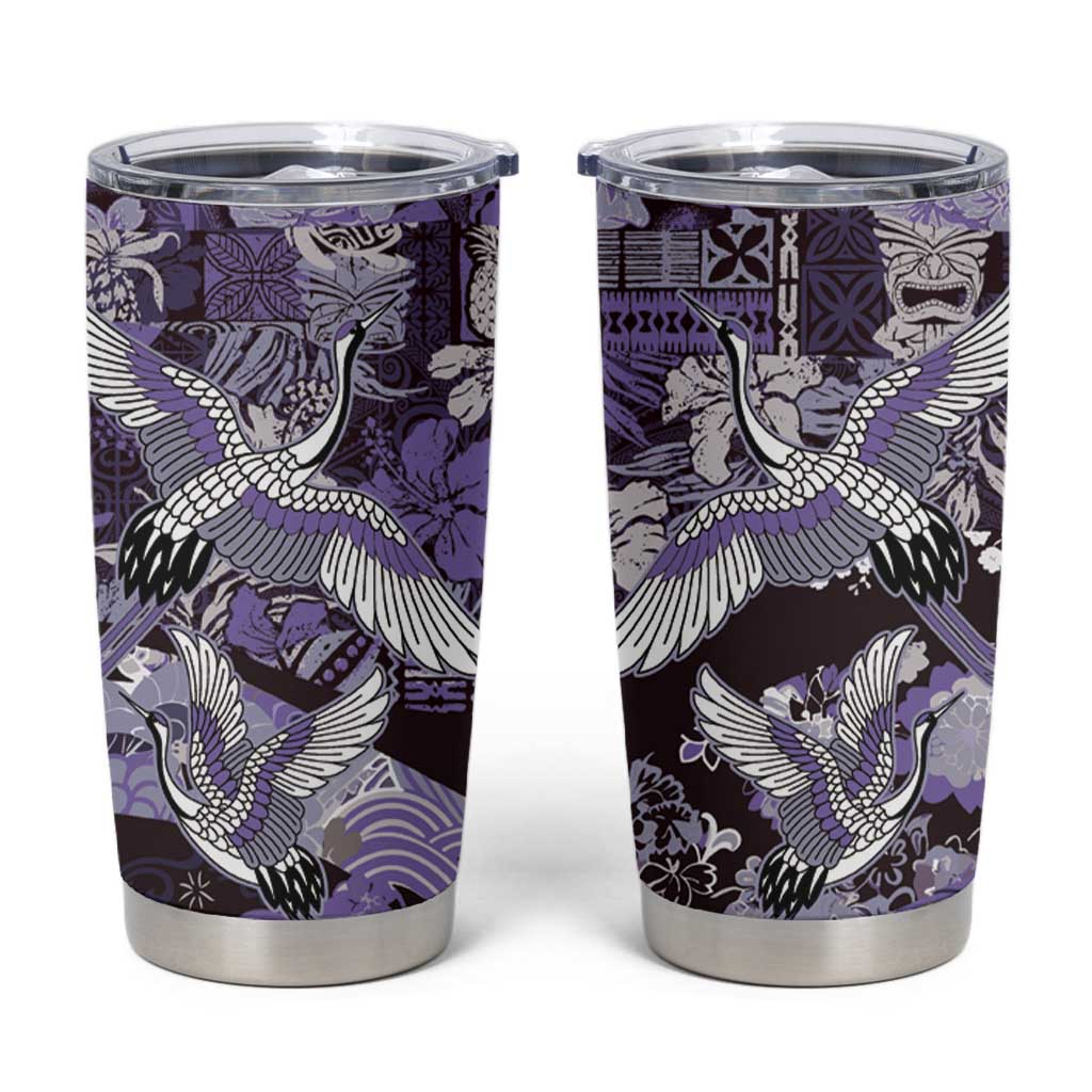 Japanese Hawaiian Crane Tumbler Cup Purple Tapa Patchwork Pattern