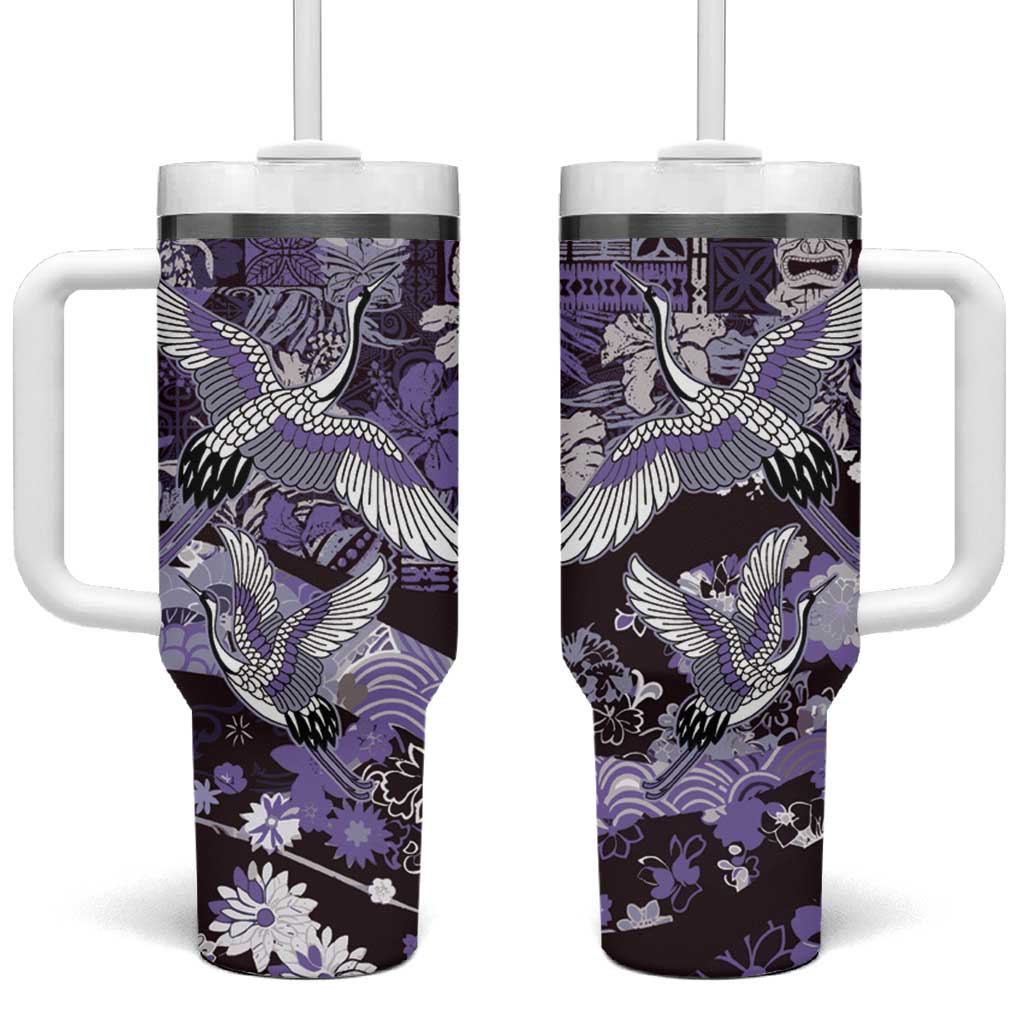 Japanese Hawaiian Crane Tumbler With Handle Purple Tapa Patchwork Pattern LT9 One Size: 40 oz Purple - Polynesian Pride