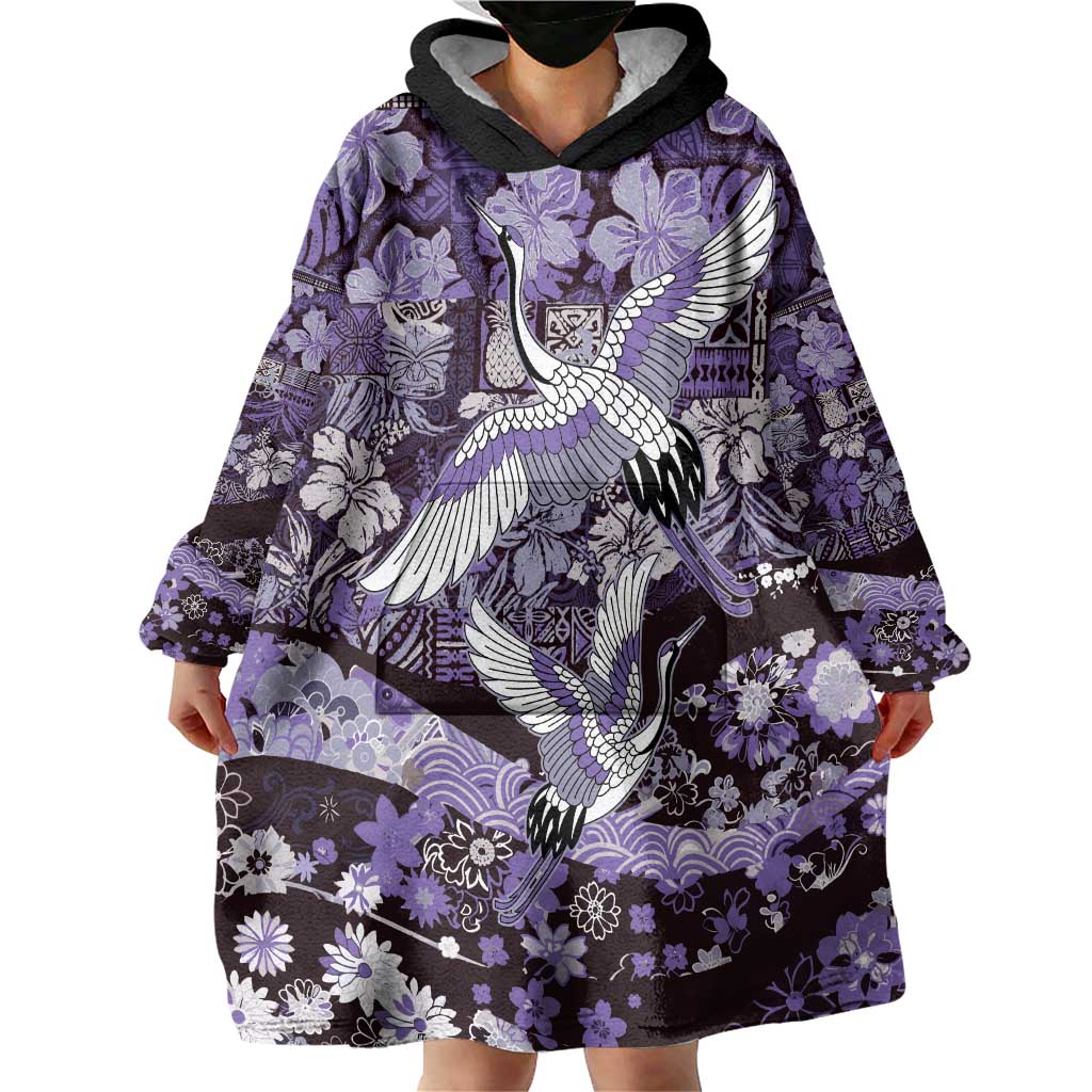 Japanese Hawaiian Crane Wearable Blanket Hoodie Purple Tapa Patchwork Pattern