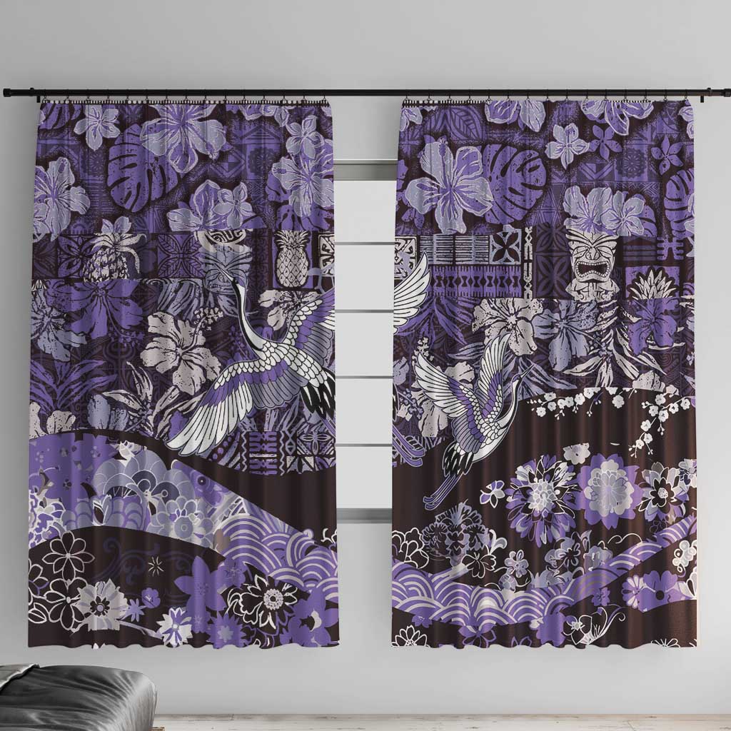 Japanese Hawaiian Crane Window Curtain Purple Tapa Patchwork Pattern