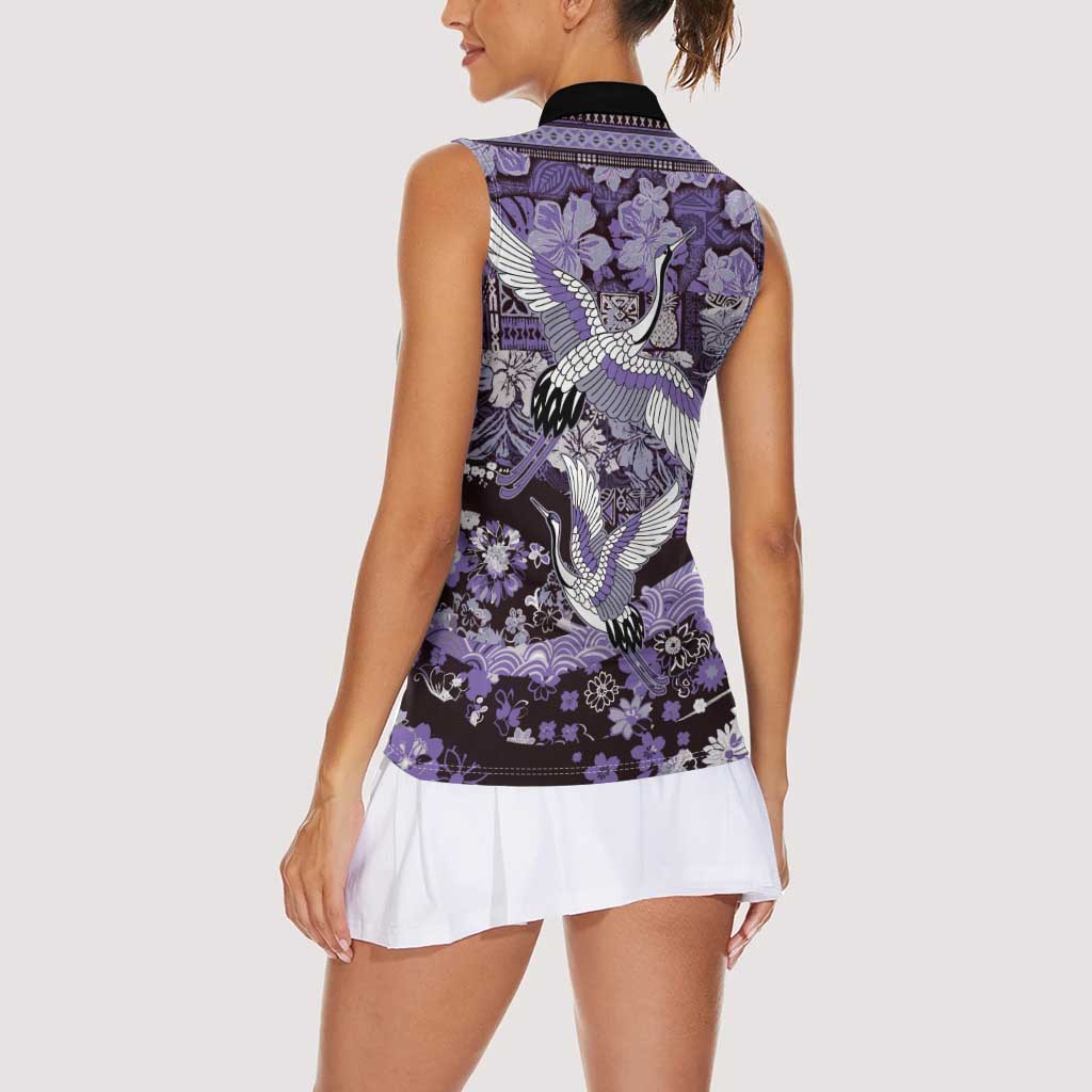 Japanese Hawaiian Crane Women Sleeveless Polo Shirt Purple Tapa Patchwork Pattern