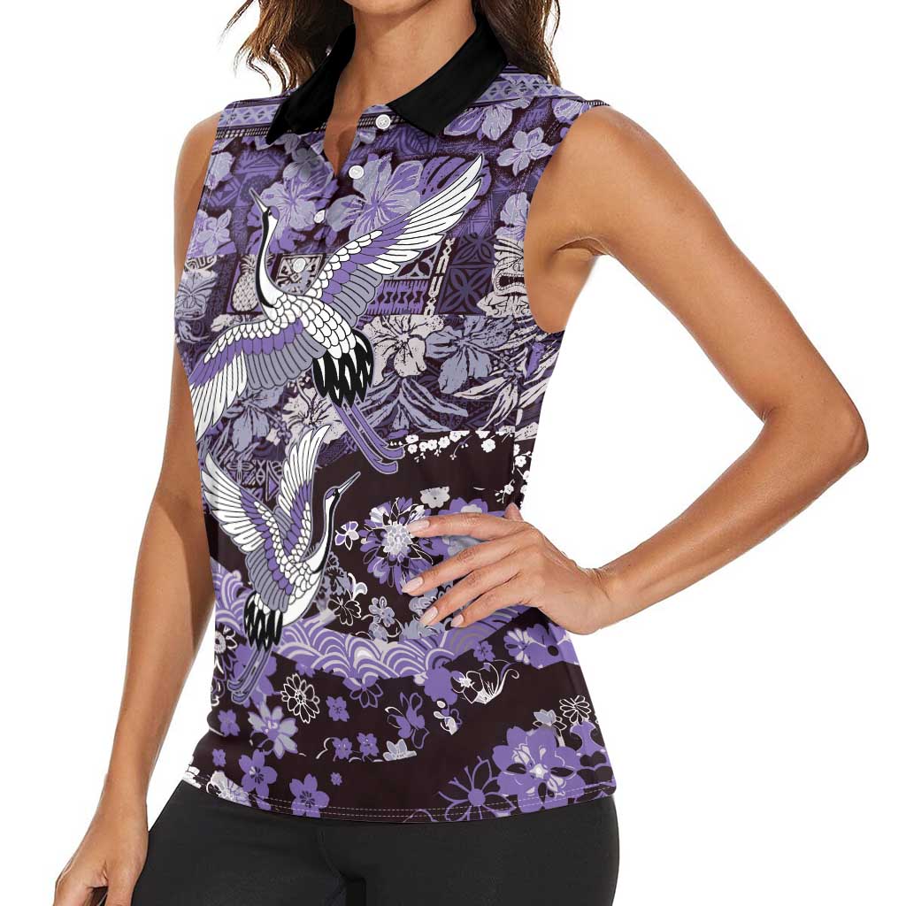 Japanese Hawaiian Crane Women Sleeveless Polo Shirt Purple Tapa Patchwork Pattern
