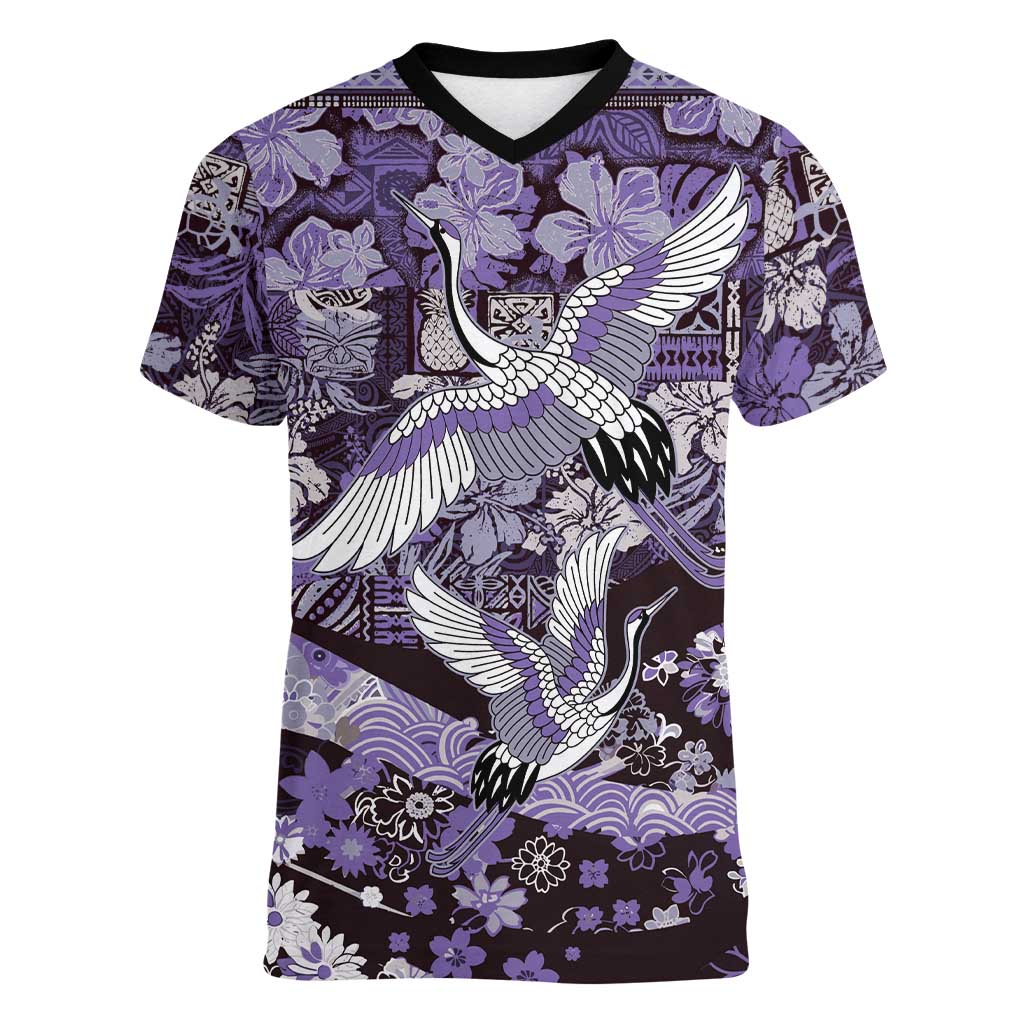 Japanese Hawaiian Crane Women V-Neck T-Shirt Purple Tapa Patchwork Pattern LT9 Female Purple - Polynesian Pride