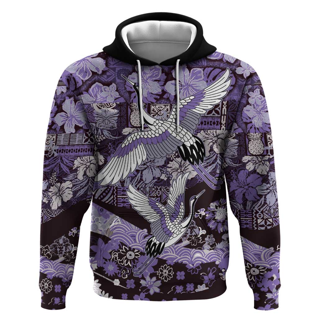 Japanese Hawaiian Crane Zip Hoodie Purple Tapa Patchwork Pattern LT9 Pullover Hoodie Purple - Polynesian Pride