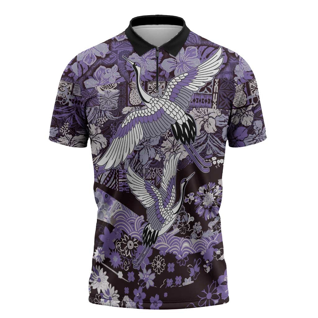 Japanese Hawaiian Crane Zipper Polo Shirt Purple Tapa Patchwork Pattern