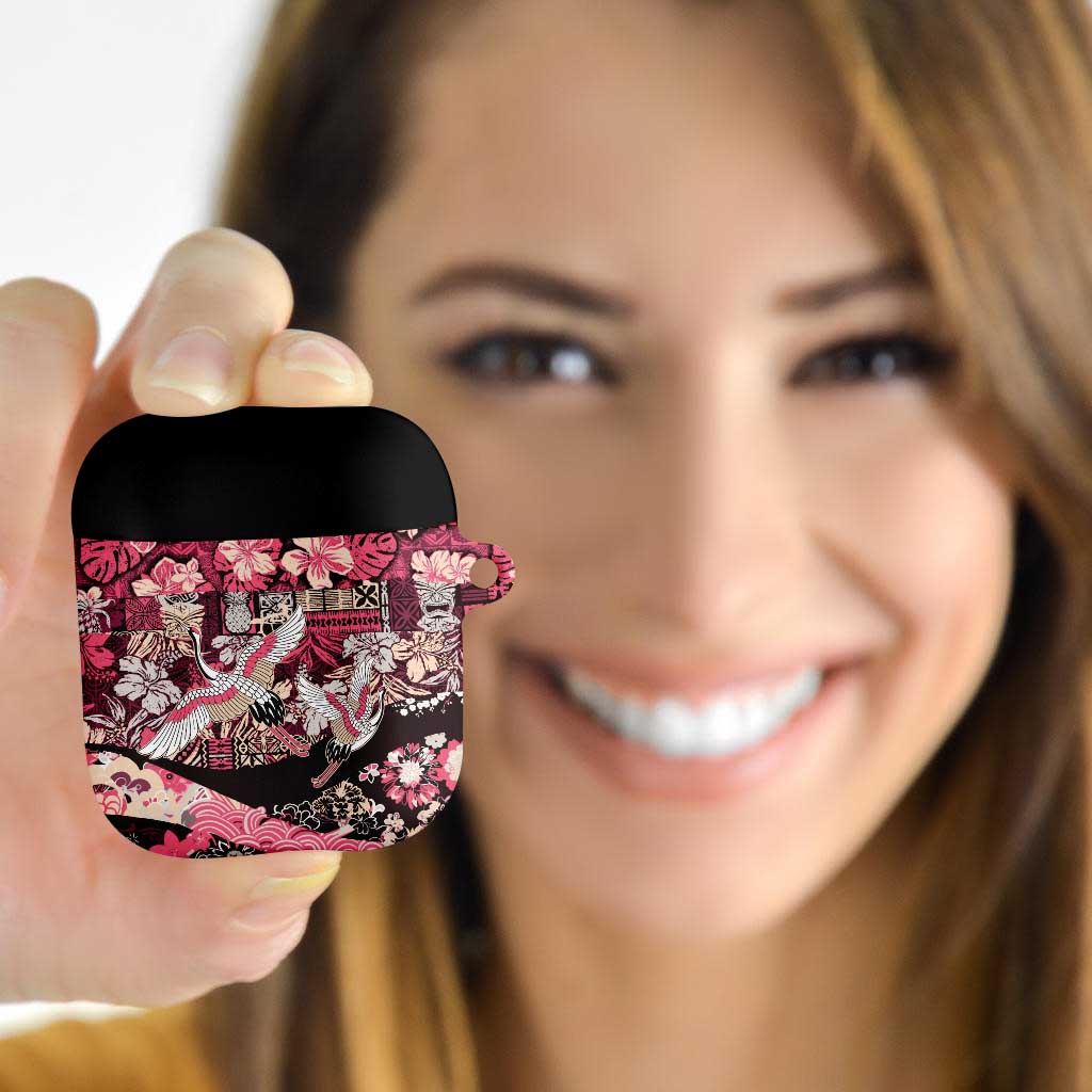 Japanese Hawaiian Crane AirPods Case Soft Pink Tapa Patchwork Pattern