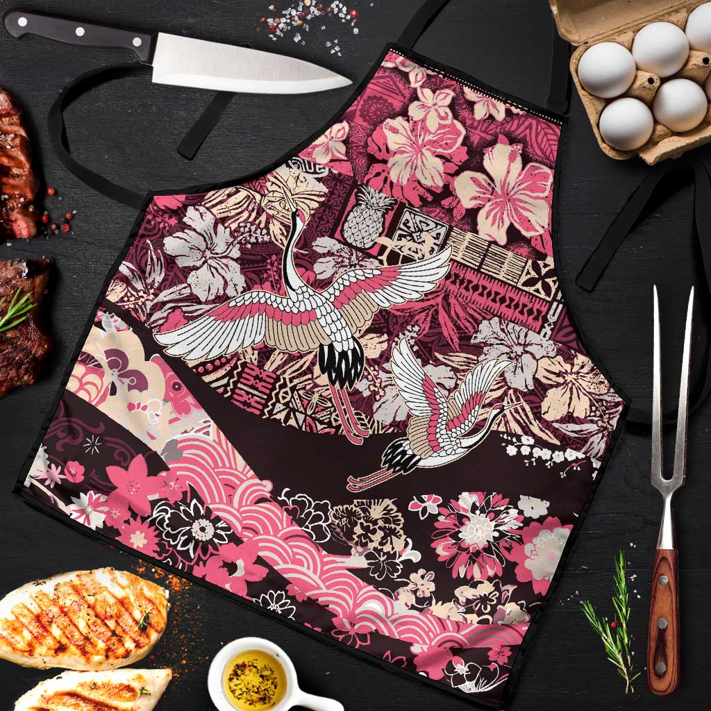 Japanese Hawaiian Crane Apron Soft Pink Tapa Patchwork Pattern