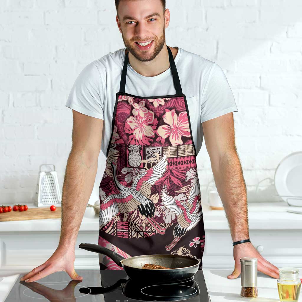 Japanese Hawaiian Crane Apron Soft Pink Tapa Patchwork Pattern