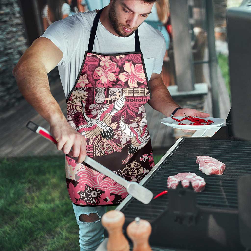 Japanese Hawaiian Crane Apron Soft Pink Tapa Patchwork Pattern