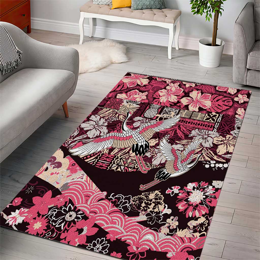 Japanese Hawaiian Crane Area Rug Soft Pink Tapa Patchwork Pattern LT9 - Polynesian Pride
