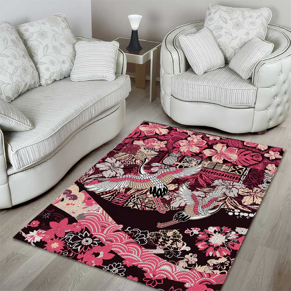 Japanese Hawaiian Crane Area Rug Soft Pink Tapa Patchwork Pattern LT9 - Polynesian Pride