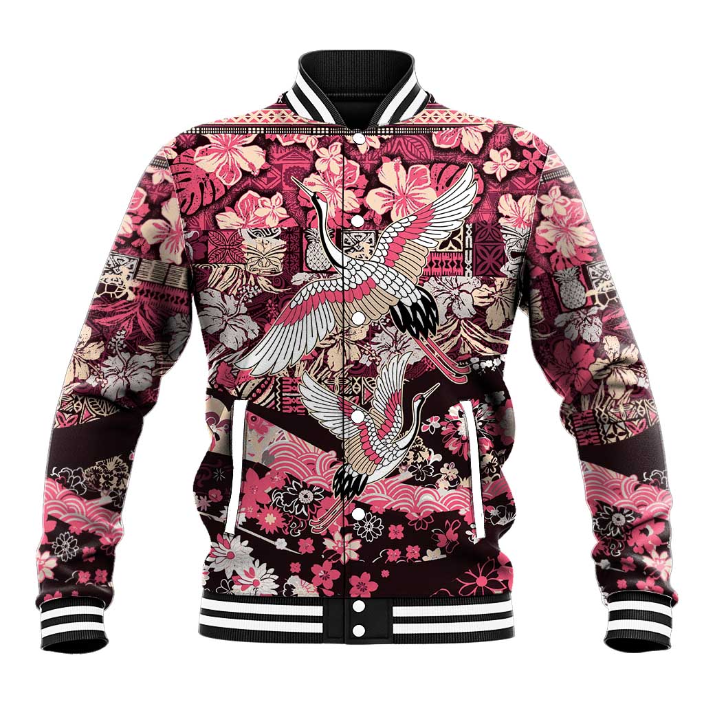 Japanese Hawaiian Crane Baseball Jacket Soft Pink Tapa Patchwork Pattern