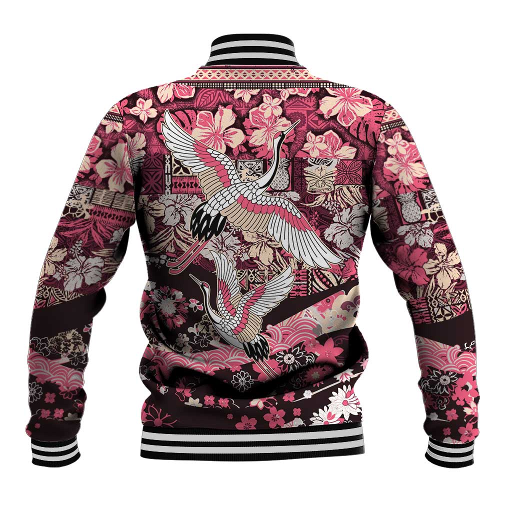 Japanese Hawaiian Crane Baseball Jacket Soft Pink Tapa Patchwork Pattern